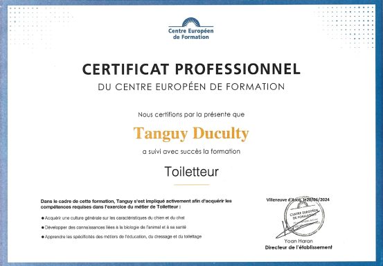 Certificat professionnel de Tanguy Duculty en toilettage.
