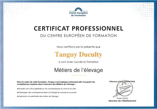Certificat professionnel de Tanguy Duculty au métiers de l'élevage, délivré par le CEF.