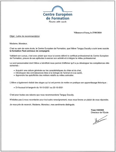 Lettre officielle du Centre Européen de Formation, signée et datée.