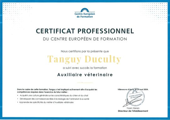 Certificat professionnel au nom de Tanguy Duculty pour auxiliaire vétérinaire.